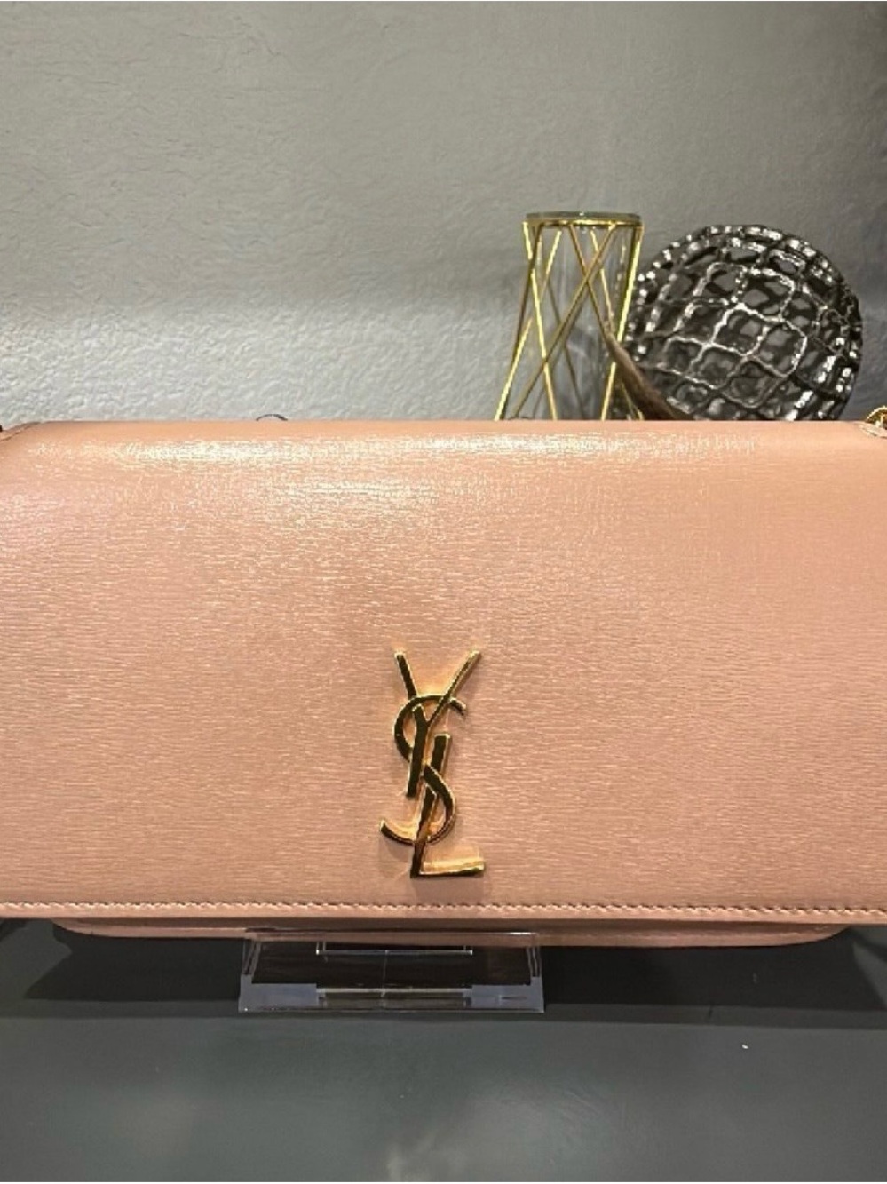 Saint Laurent Pink Leather YSL Logo Shoulder Clutch with Gold Hardware